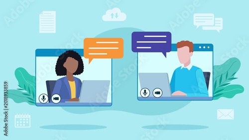Video chat between two coworkers. A man and a woman are having an online conversation around icons, email, chat, documents, a cloud, and a calendar. Flat design style animation.