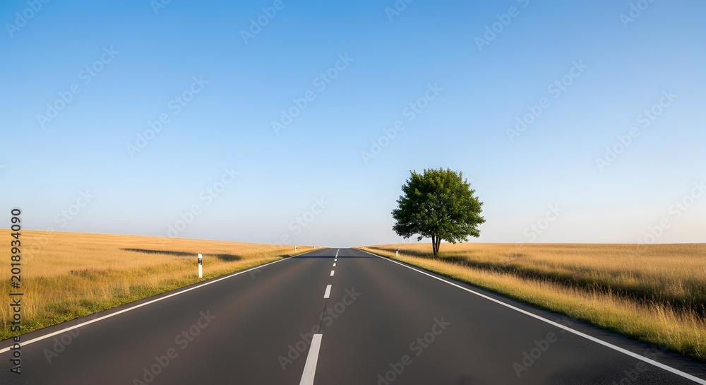 Naklejka premium Long straight road through a rural landscape with a tree