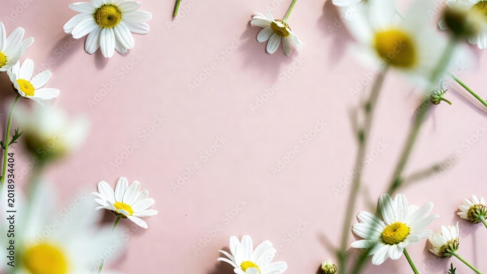 Obraz premium Daisy flowers scattered across soft pink paper backdrop