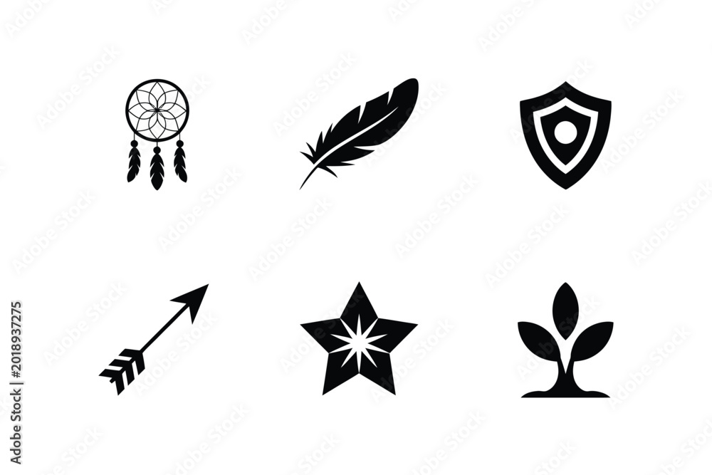 Fototapeta premium A set of six black featuring a dreamcatcher, a bird feather, a shield with a circle, an arrow with feathers, a star with a burst, and a plant sprout on a white background