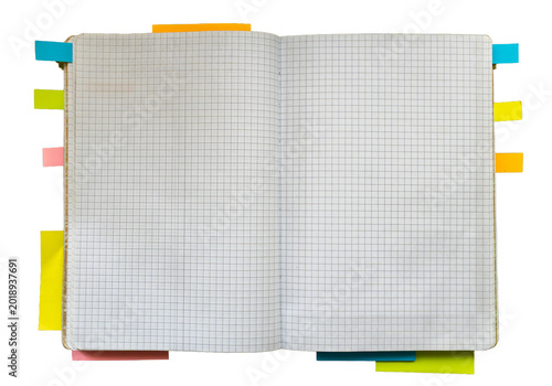 Open blank graph paper notebook with colorful sticky tabs around the pages, suitable for planning, study, organization, and stationery design concepts.