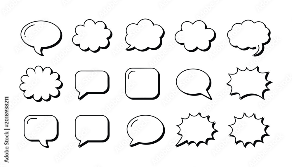 Naklejka premium Collection of black outline comic speech bubbles and thought balloons vector graphics