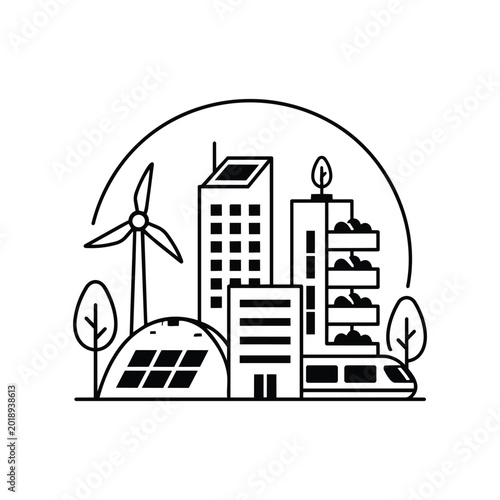 Green city eco district icon with green city eco district and wind solar architecture black and white vector