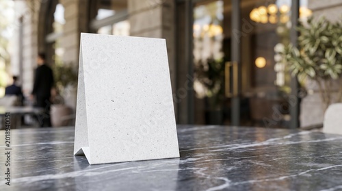 Blank table tent menu mockup on a marble table at a restaurant