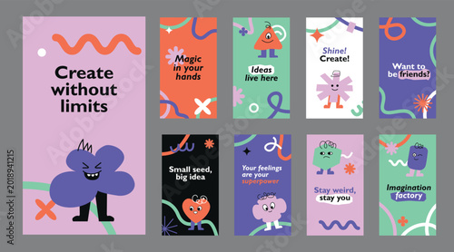 Obraz na plátně Set of vertical social media story templates with quirky hand-drawn characters and swirl lines