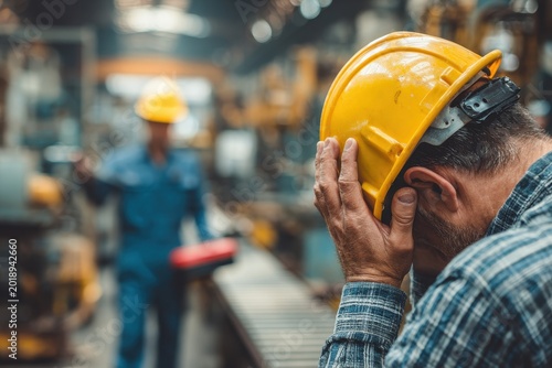 Urgent first aid on the factory floor: injured worker with hard hat receiving help from a colleague