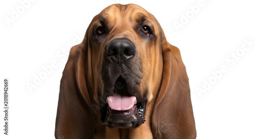 Bloodhound dog with mouth open on isolated white background looking at camera