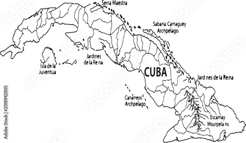 Foto Black and white outline map of cuba showing provinces and main geographical feat