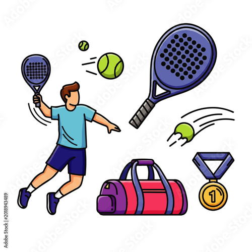 Padel Tennis Player with Racket Balls Sports Bag and Gold Medal