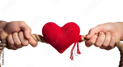 Two hands pulling on a rope with a red heart in the middle isolated on white background