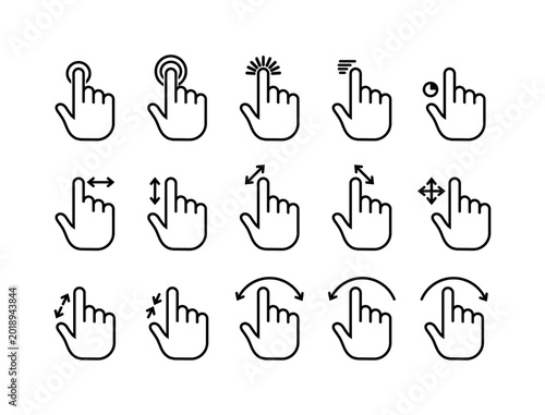 A set of stylized hand cursors illustrating different digital interactions like tapping, swiping, and resizing elements on a screen