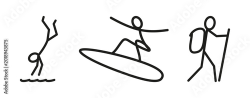 Three distinct stick figures illustrate dynamic sports including surfing, diving into water, and trekking with a backpack and pole