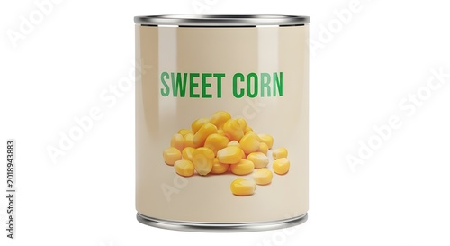 A can of sweet corn on a white background with kernels visible