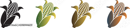 Quadro su tela Set of corn on the cob icons with husks in black and various gradients representing fresh harvest, agriculture, and organic sweet corn