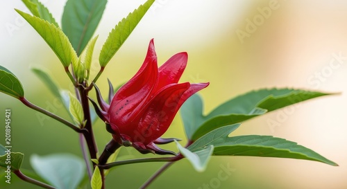 Vibrant red roselle hibiscus calyxes grow on a woody stem with lush green leaves, showcasing natural beauty and fresh herbal botanical detail, close-up, biology, tea