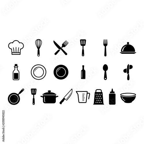 Black silhouette kitchen utensils and cookware collection isolated on white