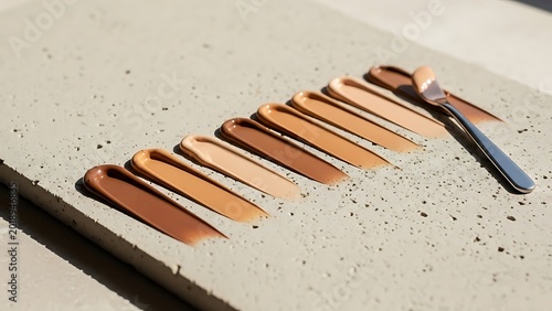 Foundation swatches on concrete with applicator