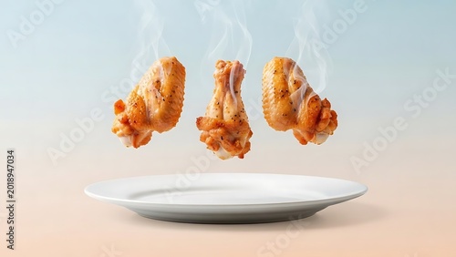 Chicken wings floating above plate