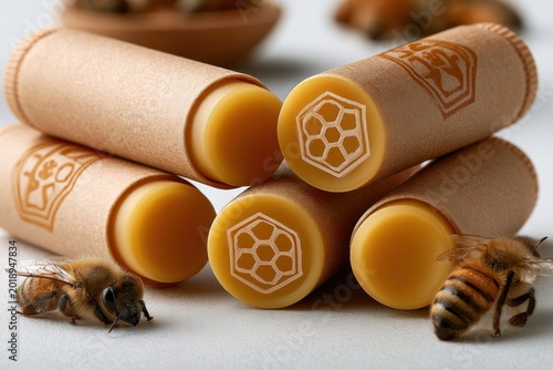 Natural beeswax lip balm with honeycomb design and live bees
