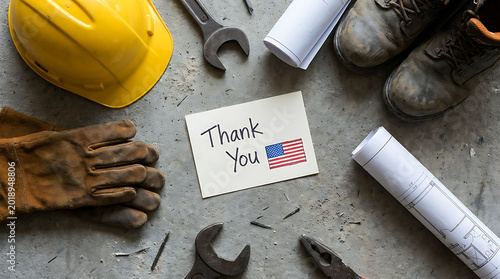 Construction Worker Appreciation Flat Lay with Boots, Gloves and Blueprint, Labor Day, worker appreciation, construction industry, skilled trades, and blue collar jobs.