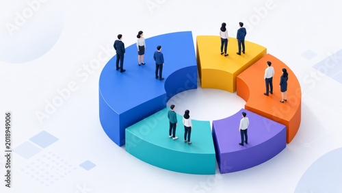Isometric business segmentation chart with people on colorful donut sections for audience analytics and market distribution. AI generative