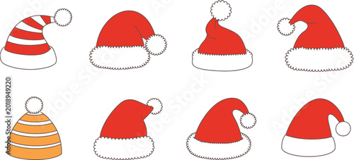 Foto Santa hat icon and winter cap collection, cute Christmas red hats with pom-poms and striped beanie variations, modern flat vector illustration set for holiday decoration and seasonal design