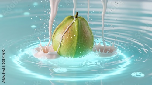 Green apple submerged in water with splashing droplets in clear liquid