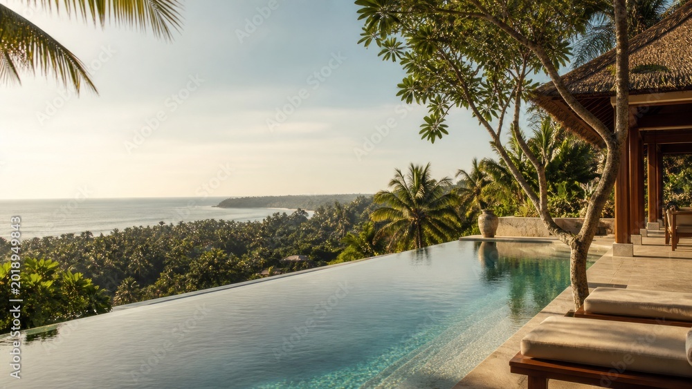Fototapeta premium Tropical travel image of Bali featuring a luxury infinity pool, ocean view and lush hillside villa retreat at sunset. AI generative