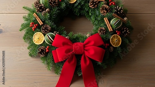 Christmas wreath with red bow on wooden table