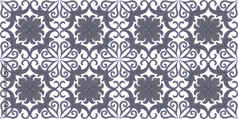 Fototapeta premium Vintage damask seamless pattern, elegant grey floral ornament on white background, classic baroque tile texture for luxury wallpaper and textile design