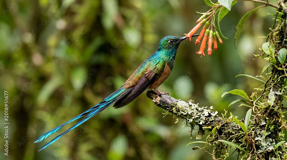 Fototapeta premium Sparkling tailed hummingbird feeding on orange heliconia flowers in cloud forest