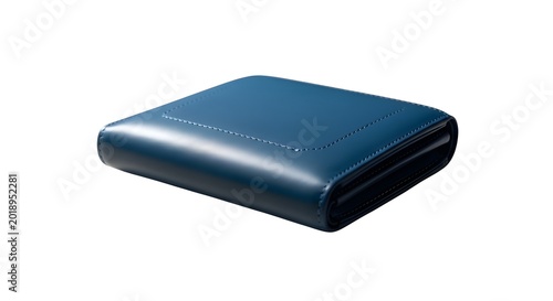 Blue leather wallet on white background with stitching details