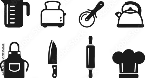 Bilde på lerret Black silhouettes of kitchen tools and cooking equipment including a measuring j