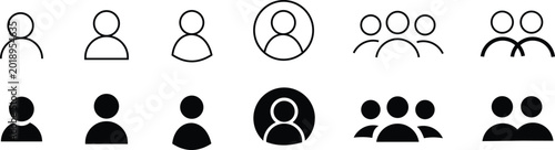 Set of black and white user profile person silhouettes, and group people symbols