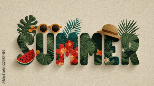 Tropical summer lettering with green leaves and sunglasses on beige background, vacation design, seasonal branding, sunny mood, summer holiday.