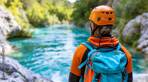 Rear view of a canyoneer diving headfirst into crystal clear water from a rocky ledge, extreme canyoning jump concept, water sport action photography, canyon cliff diving