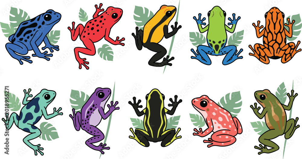 Obraz premium Collection of colorful poison dart frogs in various patterns and poses with tropical leaf accents.