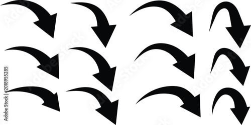 Tableau sur toile Set of twelve black curved arrows pointing downward in various arcs and angles o