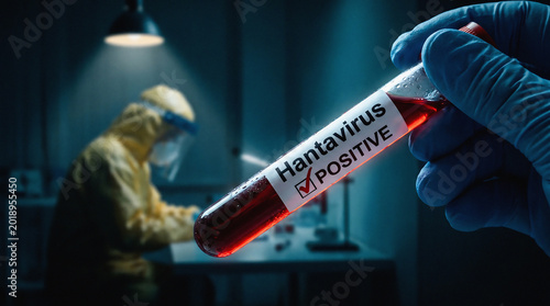 Foto Close-up of Hand in Blue Glove Holding Hantavirus Positive Blood Test Tube, Medi