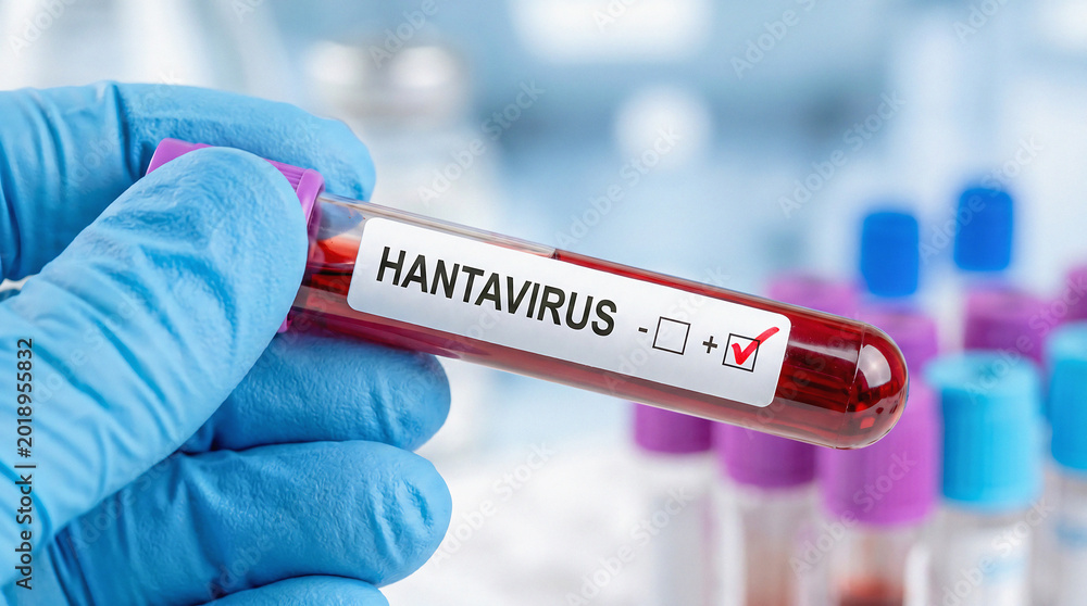 Obraz premium Close-up of Hand in Blue Glove Holding a Positive Hantavirus Blood Test Tube in a Clinical Laboratory Setting. Medical Diagnostics and Infectious Disease Research Illustration