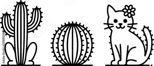 Photography Cactus cat characters with detailed spines including tall saguaro kitten and prickly barrel cat with flower