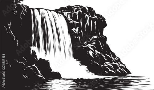 Black and white waterfall, rocky cliffside, monochrome landscape, vector illustration