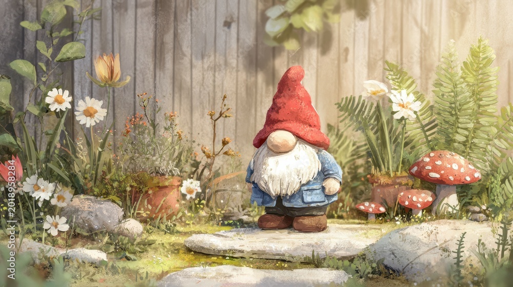 Fototapeta premium Whimsical garden gnome in a sunlit flower bed with mossy stones