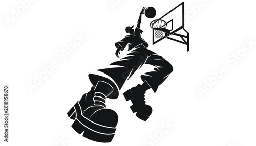Schilderij op canvas Stylized basketball player dunking on hoop with perspective view and chunky boot