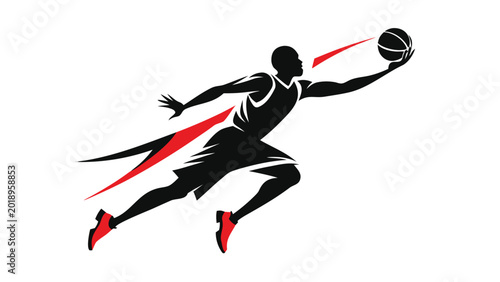 Bild auf Leinwand Minimalist basketball player dunking silhouette with red motion elements on whit