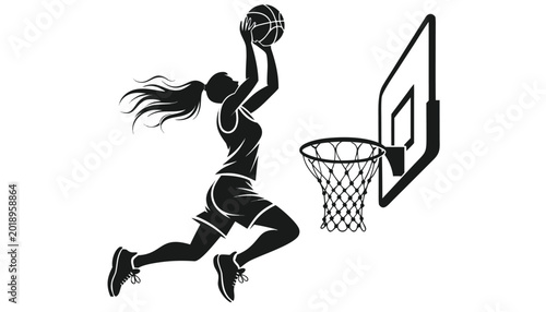 Fotografie Silhouette of female basketball player dunking ball