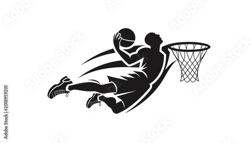 Photos Dynamic basketball player slam dunking into hoop silhouette