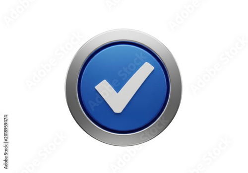 Blue circular button with a white check mark isolated on transparent background
