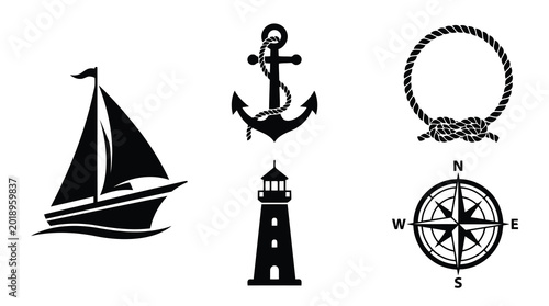Φωτογραφία Nautical icons including sailboat, anchor, lighthouse, rope and compass