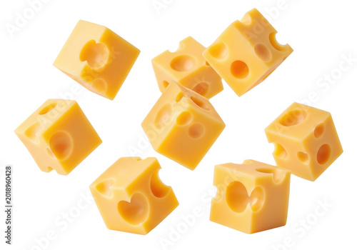 Cubes of swiss cheese with holes isolated on transparent background